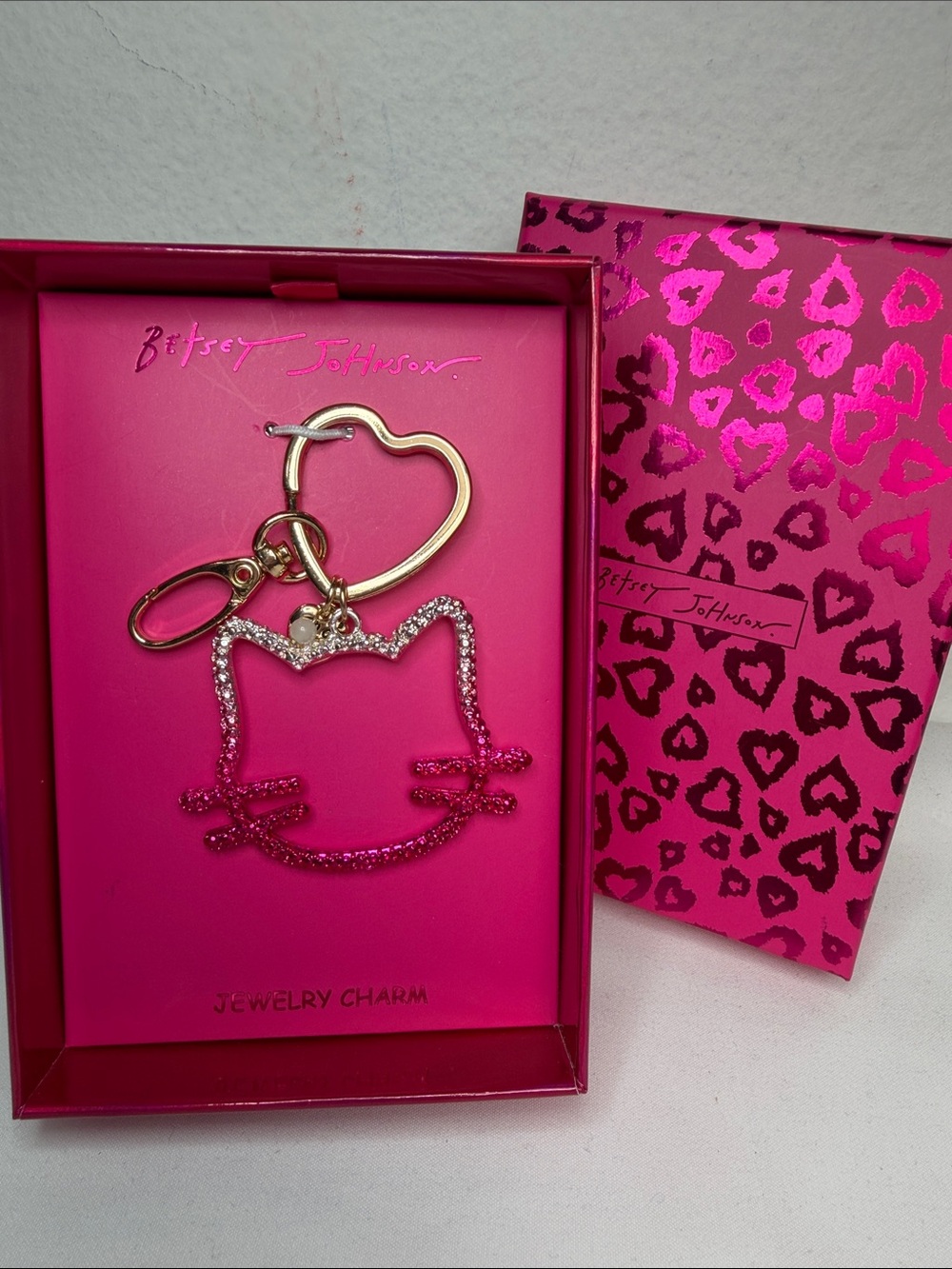 Betsey Johnson Hot Pink Cat Outline Key & Heart Charm